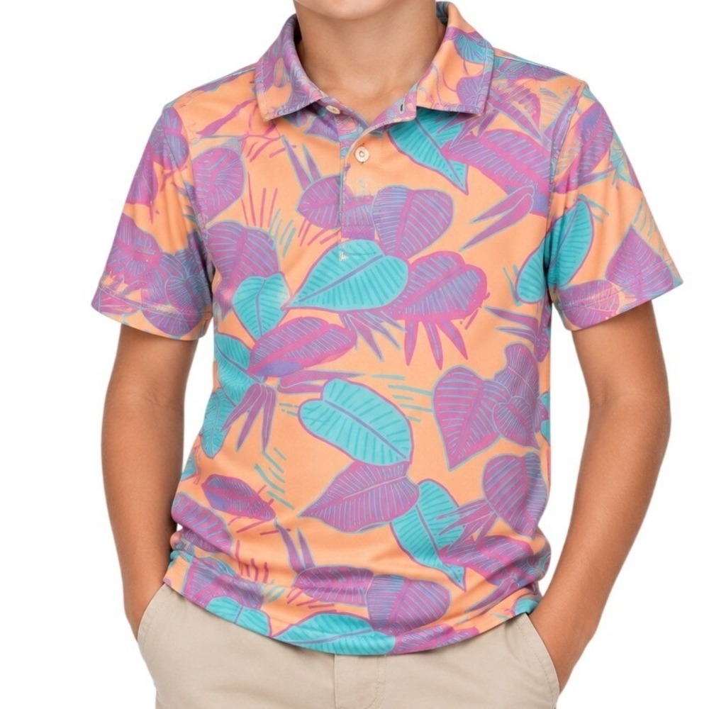 Chubbies Peach Teal Tropical Leaf Print Performance Polo Shirt Youth Small YS